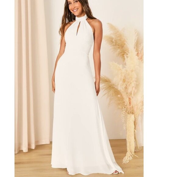 Lulus Dresses & Skirts - Elegant Glamour White Pleated Halter Cutout Maxi Dress Size XS by Lulu's NWOT